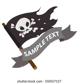 Black Jolly Roger pirate flag with ribbon banner.