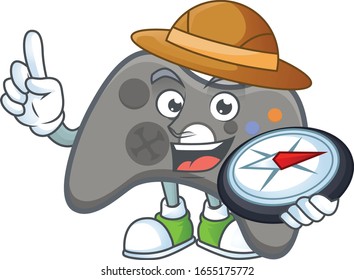 A black joystick explorer cartoon design having a compass