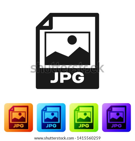 Black JPG file document icon. Download image button icon isolated on white background. JPG file symbol. Set icon in color square buttons. Vector Illustration