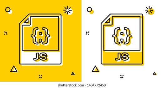 Black JS file document. Download js button icon isolated on yellow and white background. JS file symbol. Random dynamic shapes. Vector Illustration