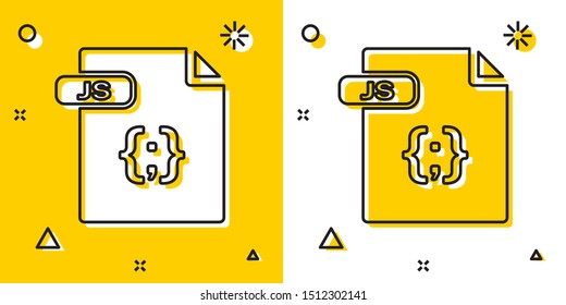 Black JS file document. Download js button icon isolated on yellow and white background. JS file symbol. Random dynamic shapes. Vector Illustration