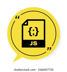 Black JS file document. Download js button icon isolated on white background. JS file symbol. Yellow speech bubble symbol. Vector Illustration