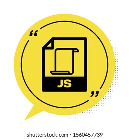 Black JS file document. Download js button icon isolated on white background. JS file symbol. Yellow speech bubble symbol. Vector Illustration