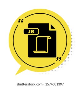 Black JS file document. Download js button icon isolated on white background. JS file symbol. Yellow speech bubble symbol. Vector Illustration