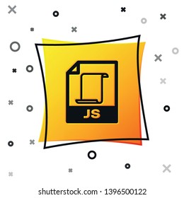Black JS file document icon. Download js button icon isolated on white background. JS file symbol. Yellow square button. Vector Illustration