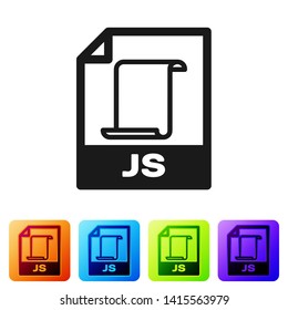 Black JS file document icon. Download js button icon isolated on white background. JS file symbol. Set icon in color square buttons. Vector Illustration
