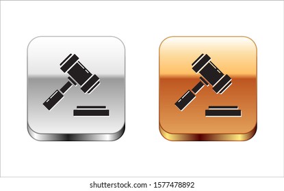 Black Judge gavel icon isolated on white background. Gavel for adjudication of sentences and bills, court, justice. Auction hammer. Silver-gold square button. Vector Illustration