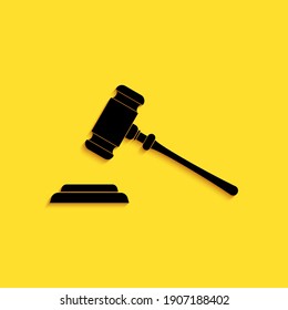 Black Judge gavel icon isolated on yellow background. Gavel for adjudication of sentences and bills, court, justice, with a stand. Auction hammer. Long shadow style. Vector.