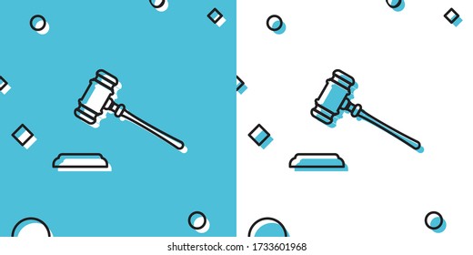 Black Judge gavel icon on blue and white background. Gavel for adjudication of sentences and bills, court, justice, with a stand. Auction hammer symbol. Random dynamic shapes. Vector Illustration