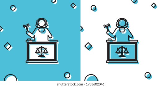 Black Judge with gavel on table icon isolated on blue and white background. Random dynamic shapes. Vector Illustration