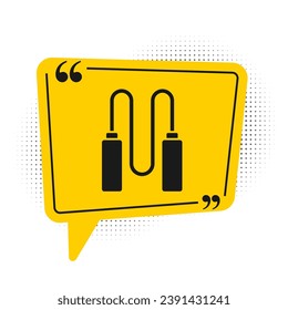 Icono de la cuerda de salto negro aislado en fondo blanco. Saltando cuerda. Equipamiento deportivo. Símbolo amarillo de burbuja de habla. Ilustración vectorial