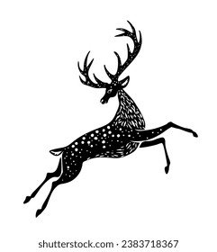 Black jumping Reindeer Deer Stag stencil drawing with antlers horns.Merry Christmas Silhouette.Happy New Year.Winter decoration.Gift greeting card.Plotter Laser cutting.Holidays decor. DIY cut