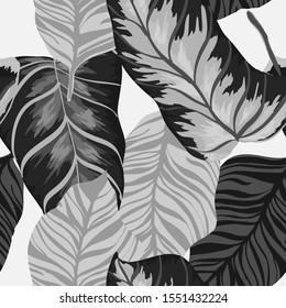 Black Jungle Foliage Vector Seamless Pattern. Black Popular Palm Print California Design. Smoke Leaf Fabric Wallpaper. Graphite Monstera Tree Background