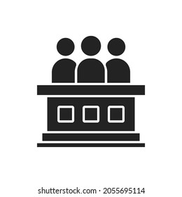 Black Jury Or Committee People Meeting Icon. Flat Modern Feedback Duty Logotype Graphic Design Isolated On White. Concept Of Corporate Office Meet Or Annual Press Conference Or Talent Show Contest