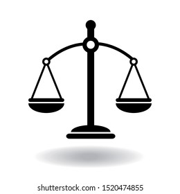 Black justice scales icon. Law balance symbol. Libra in simple flat design. Vector illustration on white background