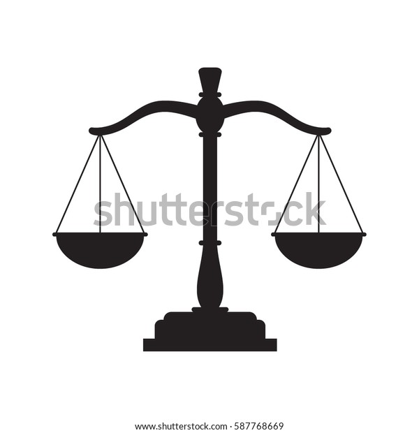 Black justice scales icon. Law\
balance symbol. Libra in flat design. Vector\
illustration.\
