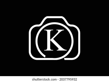 Black K monogram letter luxury alphabet with a camera icon. Photography logo vector illustration. Modern logo design for photography business, and company identity.