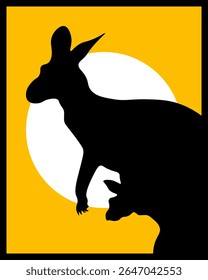 Projeto de ilustração de silhueta de canguru preto sobre fundo amarelo com círculo branco