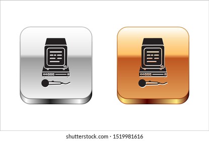 Black Karaoke icon isolated on white background. Microphone and monitor. Silver-gold square button. Vector Illustration