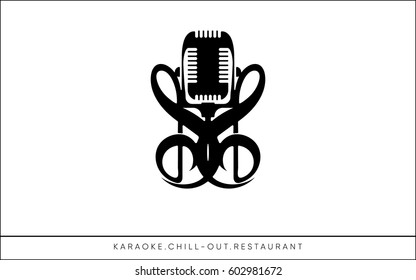 Black karaoke logo on white background. Made with retro microphone combined with reflected clefs.