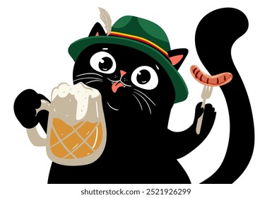 black kawaii cat drinking beer. Funny Oktoberfest, perfect for Shirt, poster, card, logo for Festival or Party