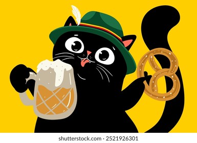 Gato kawaii negro bebiendo cerveza. Divertido Oktoberfest, perfecto para la camisa, cartel, tarjeta, logotipo para el festival o fiesta