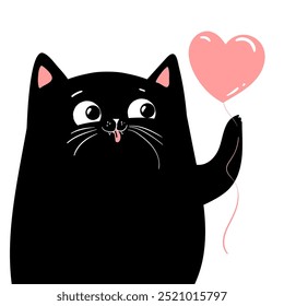 gato kawaii negro, gatito, gatito sosteniendo un gran corazón rosa. Feliz día de San Valentín. Caricatura linda kawaii divertida cara de personaje animal