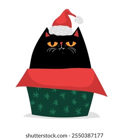 Black kawaii cat in santa hat in cardboard gift box. new year or christmas character, holidays celebration card. vector illustration