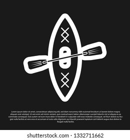 Black Kayak and paddle icon isolated on black background. Kayak and canoe for fishing and tourism. Outdoor activities. Vector Illustration