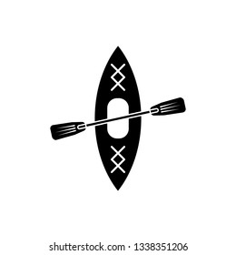 Black Kayak and paddle icon isolated on white background. Kayak and canoe for fishing and tourism. Outdoor activities. Vector Illustration