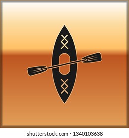 Black Kayak and paddle icon isolated on gold background. Kayak and canoe for fishing and tourism. Outdoor activities. Vector Illustration