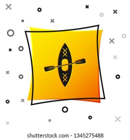 Black Kayak and paddle icon isolated on white background. Kayak and canoe for fishing and tourism. Outdoor activities. Yellow square button. Vector Illustration