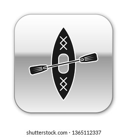 Black Kayak and paddle icon isolated on white background. Kayak and canoe for fishing and tourism. Outdoor activities. Silver square button. Vector Illustration