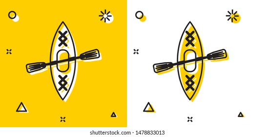 Black Kayak and paddle icon isolated on yellow and white background. Kayak and canoe for fishing and tourism. Outdoor activities. Random dynamic shapes. Vector Illustration