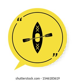 Black Kayak and paddle icon isolated on white background. Kayak and canoe for fishing and tourism. Outdoor activities. Yellow speech bubble symbol. Vector Illustration