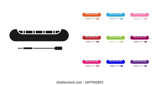 Black Kayak and paddle icon isolated on white background. Kayak and canoe for fishing and tourism. Outdoor activities. Set icons colorful. Vector Illustration