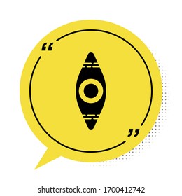 Black Kayak and paddle icon isolated on white background. Kayak and canoe for fishing and tourism. Outdoor activities. Yellow speech bubble symbol. Vector Illustration