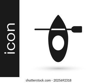 Black Kayak and paddle icon isolated on white background. Kayak and canoe for fishing and tourism. Outdoor activities.  Vector