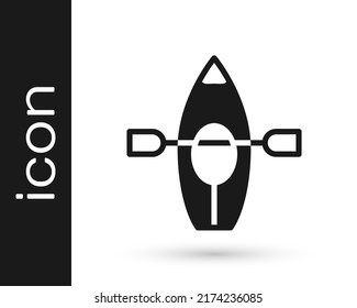 Black Kayak and paddle icon isolated on white background. Kayak and canoe for fishing and tourism. Outdoor activities.  Vector