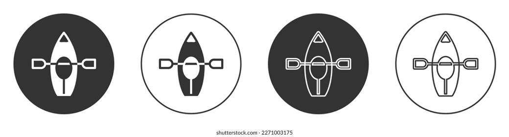 Black Kayak and paddle icon isolated on white background. Kayak and canoe for fishing and tourism. Outdoor activities. Circle button. Vector