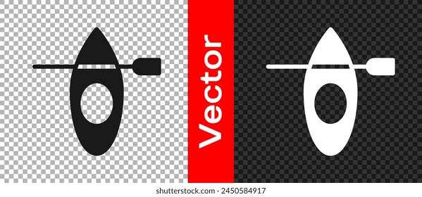 Black Kayak and paddle icon isolated on transparent background. Kayak and canoe for fishing and tourism. Outdoor activities.  Vector