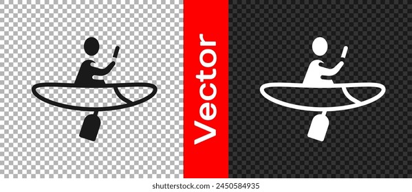 Black Kayak and paddle icon isolated on transparent background. Kayak and canoe for fishing and tourism. Outdoor activities.  Vector