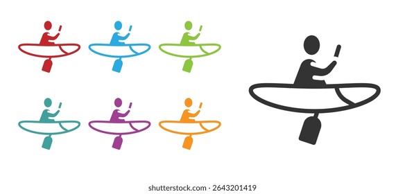 Black Kayak and paddle icon isolated on white background. Kayak and canoe for fishing and tourism. Outdoor activities. Set icons colorful. Vector