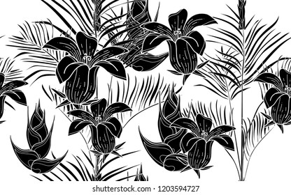 Black kentia and flowers pattern. Vector illustration. Botanical seamless wallpaper. Digital nature art. Cartoon style sketch. White background.