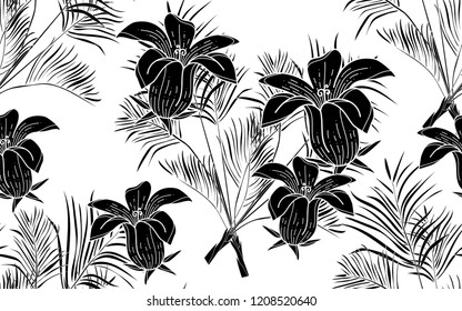 Black kentia leaves and hawaiian flowers pattern. Vector illustration. Botanical seamless wallpaper. Digital nature art. Cartoon style sketch. White background.