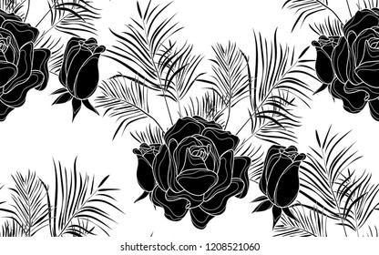 Black kentia leaves and roses pattern. Vector illustration. Botanical seamless wallpaper. Digital nature art. Cartoon style sketch. White background.