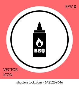 Black Ketchup bottle icon isolated on red background. Fire flame icon. Barbecue and BBQ grill symbol. White circle button. Vector Illustration