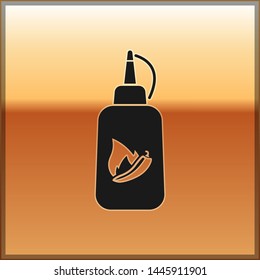 Black Ketchup bottle icon isolated on gold background. Fire flame icon. Hot chili pepper pod sign. Barbecue and BBQ grill symbol. Vector Illustration