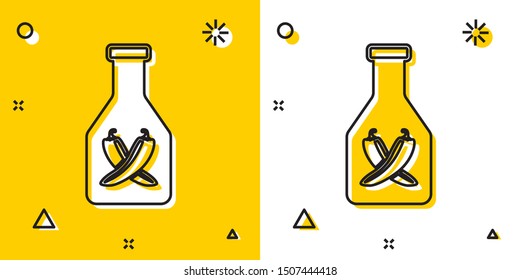 Black Ketchup bottle icon isolated on yellow and white background. Hot chili pepper pod sign. Barbecue and BBQ grill symbol. Random dynamic shapes. Vector Illustration