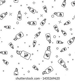 Black Ketchup bottle line icon isolated seamless pattern on white background. Fire flame icon. Hot chili pepper pod sign. Barbecue and BBQ grill symbol. Vector Illustration